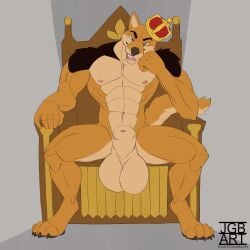 absurd_res animal_genitalia anthro balls canid canine canis chair crown furniture genitals hi_res hyper justagoodboy king macro male male_only mammal royalty sheath throne wolf