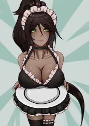 1girls big_breasts black_hair black_hair_female breast_focus dfg forehead_gem forehead_jewel french_maid french_maid_nidalee gem_on_forehead green_eyes green_eyes_female jewel_on_forehead large_breasts league_of_legends long_hair long_hair_female maid maid_dress maid_headdress maid_outfit maid_stockings maid_uniform nidalee plate ponytail ponytail_female presenting presenting_breasts riot_games simple_background stockings the_grind_series tribal_markings tribal_tattoo tribal_tattoos