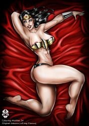 1girls abs arm_behind_head armour bed big_breasts black_hair blue_eyes bracelet chest color costume dc_comics edit laying_down laying_on_bed long_hair machine_54 nipple nipple_slip pinup red_lipstick sheets smile solo tagme_(artist) thick_thighs thong tiara wonder_woman wonder_woman_(series)