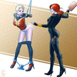 2girls ass big_breasts black_widow_(marvel) blonde_hair bodysuit bondage boots bound-to-please bound_ankles bound_wrists captain_marvel carol_danvers clothed clothes_pull female female_only femdom femsub gag gagged grin heels high_heels lezdom lezsub marvel marvel_comics multiple_girls natasha_romanoff paddle paddling pants_pulled_down restrained spanking standing superheroine thighs yuri