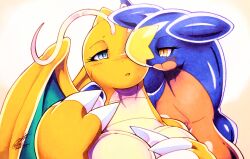 025aki 2024 2girls anthro anthro_only big_breasts blue_eyes blush blush_lines breasts claws dated dragon dragon_girl dragon_wings dragonite eyelashes featureless_breasts female female_garchomp female_only female_pokemon garchomp generation_1_pokemon generation_4_pokemon half-closed_eyes huge_breasts membranous_wings multicolored_fur orange_body orange_eyes pokémon_(species) pokemon pokemon_(species) pokemon_dppt pokemon_rgby signature simple_background sweat wings yuri