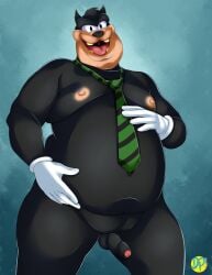 1boy 2021 anthro balls belly black_body black_nose dirty-palms disney erection felid feline foreskin genitals glans goof_troop hi_res humanoid_hands male male_only mammal moobs navel necktie nipples overweight overweight_male partially_retracted_foreskin penis peter_pete_sr. simple_background small_penis solo uncut