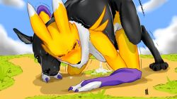 all_fours anthro bandai_namco blush bodily_fluids canid canine canis cum cum_on_ground digimon digimon_(species) domestic_dog duo female feral from_behind_position genital_fluids leaking_cum male male/female mammal mounting nahadon outside renamon sex zoophilia