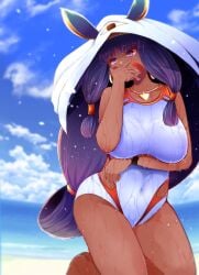 1girls animal_ears arano_oki arm_under_breasts beach big_breasts blue_sky dark-skinned_female dark_skin earrings face_markings fate/grand_order fate_(series) fully_clothed gold_collar gold_earrings hand_on_face hand_on_mouth highres huge_breasts jackal_ears medjed medjed_(fate) navel navel_line nitocris_(fate/grand_order) nitocris_(swimsuit_assassin) ocean one_piece_swimsuit purple_eyes purple_hair sea solo solo_female solo_focus swimsuit thick_thighs water water_drop wet wet_clothes white_swimsuit wide_hips