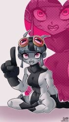 1girls alien alien_girl ben_10 bodysuit chaquetrix crowller galvan_(ben_10) goggles goggles_on_head grey_matter pink_eyes sitting small_breasts smile solo