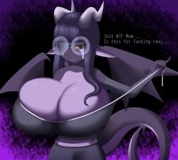 amber_eyes animal_humanoid anthro big_breasts big_nails breasts bulge cleavage clothed clothing curvy_figure dark_hair dialogue digital_drawing_(artwork) digital_media_(artwork) dragon dragon_horn dragon_tail dragon_wings english_text eyewear genitals glasses gynomorph hair hi_res horn hourglass_figure huge_breasts huge_thighs humanoid humanoid_genitalia humanoid_penis intersex intersex_focus leggings legwear lips lipstick long_hair makeup nirriti pulling_clothing purple_body purple_hair purple_lipstick purple_skin scalie shaded solo spandex text thick_thighs tight_clothing undressing wide_hips wings