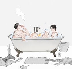 2boys bathing bathing_together bathtub batman_(series) black_hair cigarette cigarette_in_mouth dc_comics jason_todd male male/male male_only red_hood_(dc) red_robin rubber_duck scar smoking smoking_cigarette solo_male suggestive tim_drake yaoi