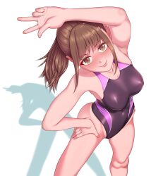 1girls armpits athletic athletic_female breasts brown_hair cameltoe competition_swimsuit hand_on_hip leotard looking_at_viewer looking_up medium_breasts nakanocchi original peace_sign ponytail posing posing_for_the_viewer sarina-chan_(nakanocchi) short_hair skimpy skimpy_clothes skin_tight smirk smug solo standing stretching swimsuit teenager thick_ass tied_hair toned toned_female v