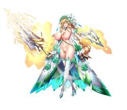 bell_piercing blonde_hair blue_eyes breasts bridal_veil censored energy_barrier energy_shield female full_body green_eyes high_heels highres holding holding_polearm holding_weapon huge_breasts lance large_breasts long_hair navel nipple_piercing nude official_art original piercing polearm q_azieru revealing_clothes smile solo standing star_lusts veil very_long_hair weapon white_background