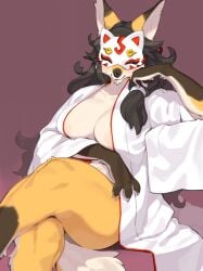 1girls 2024 anthro areola areola_slip asian_clothing big_breasts biped blush breasts brown_body brown_fur canid canine clothing crossed_legs digital_media_(artwork) east_asian_clothing female female_only fox fur hi_res japanese_clothing kame_3 kimono leaning_on_elbow looking_at_viewer mammal mask masked_fox_(kame_3) multicolored_body multicolored_fur orange_body orange_fur sitting smile smiling smiling_at_viewer solo thick_thighs white_body white_fur