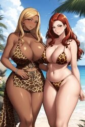 2girls ai_generated beach belly belly_button big_breasts bikini blonde_hair blush bracelet breast_press breasts breasts_bigger_than_head chocolate_and_vanilla cleavage collar commentary_request curvaceous curvy curvy_female curvy_figure dark-skinned_female dark_skin earrings enormous_breasts female female_only green_eyes hand_behind_back hourglass_figure huge_breasts leopard_print lia_the_busty_redhead light-skinned_female light_skin lipstick long_hair looking_at_viewer mature_female oc original original_character outdoors palm_tree red_hair revealing_clothes seductive seductive_look self_upload skimpy skimpy_clothes skirt tagme tanned tanned_female tanned_skin thick_thighs thighs unstable_diffusion voluptuous voluptuous_female water wavy_hair white_body white_skin