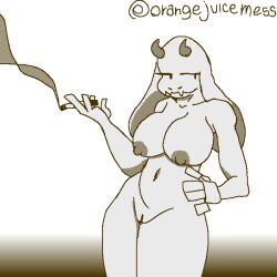 anthro big_breasts bovid breasts caprine female goat half-closed_eyes mammal narrowed_eyes nude orangejuicemess smoking solo