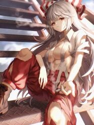 :/ absurdres boots bow breasts cigarette cloud cloudy_sky collarbone day diamond_plate feet_out_of_frame female fujiwara_no_mokou goes_hard hairbow highres holding holding_cigarette huge_filesize large_breasts long_hair navel outdoors pants parted_lips red_eyes red_pants shirt short_sleeves silver_hair sitting sky smoking solo stairs torn_clothes torn_pants touhou very_long_hair waramori_fuzuka white_bow white_shirt