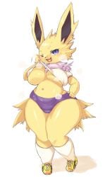 anthro big_breasts blue_eyes breasts eeveelution fangs female fur generation_1_pokemon jolteon long_ears nintendo non-human_bra pokemon pokemon_(species) smile solo thick_thighs white_body white_fur wide_hips yellow_body yellow_fur yoona