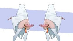 2boys artist_name cock_ring erection femboy highres large_penis male male_focus male_only multiple_boys navel original otoko_no_ko penis sex_toy sheet_ghost tailbox testicles thighhighs white_background