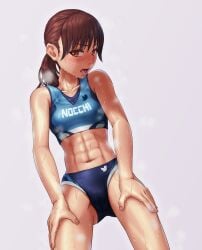 athletic athletic_female athletic_wear brown_eyes brown_hair cameltoe covered_in_sweat drenched hands_on_legs heavy_breathing hotpants looking_at_viewer low-angle_view medium_breasts midriff nakanocchi original out_of_breath panting ponytail pussy_outline sarina-chan_(nakanocchi) short_hair slight_blush sports_bra sportswear steam steaming_body steamy steamy_breath sweat sweating sweating_profusely sweaty sweaty_body teenager tied_hair toned toned_female track_uniform