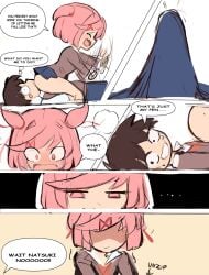 1boy 1girls blush comic comic_page doki_doki_literature_club erection facesitting mc_(doki_doki_literature_club!) natsuki_(doki_doki_literature_club) pink_eyes pink_hair rakeemspoon school_uniform schoolboy schoolgirl unzipped_pants