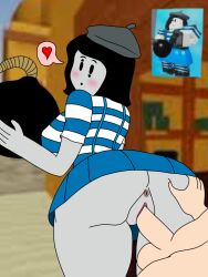 1boy 1girls anus arsenal_(rolve) artist_request ass ass_grab ass_ripple big_breasts black_hair blush breasts clothed_female doggy_style doggy_style_position grabbing_ass grabbing_from_behind heart large_breasts looking_back mime mime_girl outside performer_(rolve) roblox roblox_game robloxian rolve sex sex_from_behind short_hair solo_focus source_request striped_shirt vaginal_insertion vaginal_penetration vaginal_sex white_body white_skin