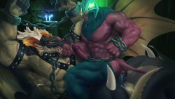 chains cock_ring collar demonic_series dragon furry galio gatekeeper_galio glowing_eyes grin hairy holding_chin league_of_legends looking_at_partner lzzuhe1 male_only male_penetrating_male muscular_male penetration pierced_genitals pierced_nipples piercing red_skin smile wings