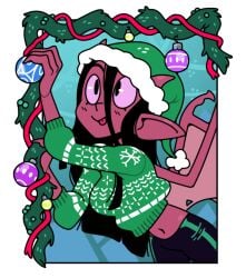 black_hair christmas claws cropped_sweater demon demon_girl demon_horns demon_wings discount-supervillain female hair horns long_hair midriff midriff_baring_shirt pink_eyes pointed_ears pointy_ears red_skin santa_hat sweater sweatpants tongue tongue_out wings