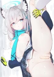 abydos_high_school_student aroused_face bandaid bandaid_on_pussy blue_archive bottomless ear_piercing exposed_breasts foreclosure_task_force_(blue_archive) hand_on_wall heterochromatic_pupils huge_thighs no_bra no_panties one_leg_up open_legs shiroko_(blue_archive) small_breasts sweat sweaty teranekosu thick_thighs white_pupil wide_hips wolf_ears