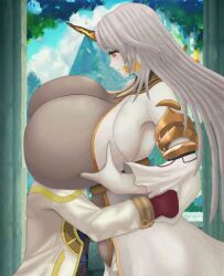 1boy 1girls armpits blonde_hair breast_smother breasts coat colored_inner_hair deep_skin female female_focus femdom fire_emblem fire_emblem_heroes gentle_femdom gigantic_breasts gloves grey_hair gullveig_(fire_emblem) horn hug kiran_(fire_emblem) kiran_(fire_emblem)_(male) long_hair long_sleeves male malesub nintendo roaamuje very_long_hair yellow_eyes yellow_hair