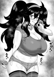 alternate_hairstyle belly black_hair blush breasts choker cleavage condom cowboy_shot cum fellatio_gesture female greyscale hairband half-closed_eyes heart heavy_breathing hex_maniac highres jewelry large_breasts looking_at_viewer midriff monochrome navel necklace plump pokemon pokemon_xy short_shorts short_sleeves shorts smile sweat thick_thighs thighhighs thighs twintails used_condom yue_(show-ei)