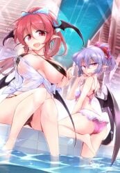 2girls bangs bat_wings bikini bikini_day blue_bow bow breasts commentary_request demon_girl demon_wings eyebrows_visible_through_hair female fumitsuki_(minaduki_6) hair_between_eyes hairbow head_wings highres koakuma large_breasts looking_at_viewer medium_hair multiple_girls oerba_yun_fang pointy_ears pool purple_eyes purple_hair red_bow red_eyes red_hair remilia_scarlet see-through short_hair sidelocks succubus swimsuit touhou vampire wet wet_clothes wings