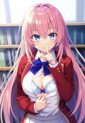 1girls advanced_nurturing_high_school_uniform ai_generated blue_bow blue_bra blue_eyes bookshelf bow_bra classroom_of_the_elite female ichinose_honami_(cote) long_hair looking_at_viewer open_shirt pink_hair quiet_gesture red_blazer school_uniform schoolgirl showing_breasts smile solo_female solo_focus unbuttoned_shirt white_shirt white_skirt