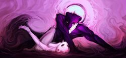 abstract_art abstract_background abstract_colors absurd_res anthro background black_eyes breasts drunk_ferret duo eye_contact female fur hand_on_face hi_res humanoid looking_at_another male male/female moon multicolored_background muscular muscular_anthro muscular_arms muscular_humanoid muscular_male nipples partially_submerged purple_background purple_body purple_eyes purple_fur sex simple_background slime surreal surrealism water white_body white_fur