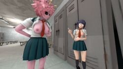 2girls 3d 3d_(artwork) breasts breasts_out female female_only kyoka_jiro laarian locker_room mina_ashido multiple_girls my_hero_academia nude_female pink_hair purple_hair school_uniform schoolgirl sfm source_filmmaker suit uniform