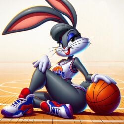 ai_generated anthro basketball basketball_uniform bugs_bunny feminization grey_body grey_fur lagomorph legs_crossed leporid looney_tunes makeup mammal rabbit rule_63 seductive_look short_shorts space_jam