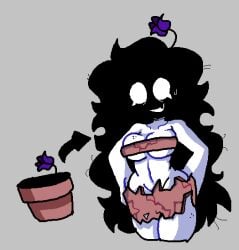 :d arcaned_roses awkward before_and_after black_hair convenient_censoring convenient_censorship curly_hair flower flower_in_hair long_hair messy_hair potted_plant pottery purple_flower rose_(roses_arcaned) roses_arcaned squished_thigh stressed sweating tagme white_body