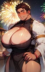 1boy ai_generated areolae areolae_slip busty_boy cleavage lustre male male_cleavage male_in_dress male_only male_with_breasts solo solo_male standing visible_areolae