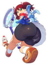 1girls ape_escape ass ass_focus big_ass bike_shorts blue_gloves blush cameltoe cleft_of_venus colored_skin fat_ass from_behind gloves highres huge_ass iku_(ikuchan_kaoru) ikuchan_kaoru latex looking_at_viewer looking_back miniskirt monkey net open_mouth sayaka sensual shorts shorts_under_skirt skin_tight skirt solo solo_focus thick_thighs thighs twintails white_background yumi