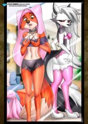 2girls anthro anthro_only ass bbmbbf blush breasts crossover diamond_level disney fangs female female_only fox furry grabbing_own_breast hellhound helluva_boss loona_(helluva_boss) maid_marian mirror nipples open_mouth palcomix pietros_secret_club robin_hood_(disney) tongue vivienne_medrano