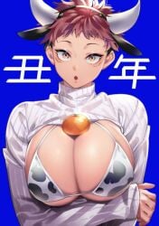 :o animal_ears animal_print arm_under_breasts bangs blue_background bra breastless_clothes breasts clothes_pull cow_bikini cow_ears cow_horns cow_print female food fruit genderswap genderswap_(mtf) hairband horns itadori_yuuji jujutsu_kaisen large_breasts lips long_sleeves looking_at_viewer mandarin_orange meme_attire open-chest_sweater oppai_mochi pink_hair print_bra ribbed_sweater rule_63 short_hair simple_background solo straight-on strap_gap string_bra sweater sweater_pull tenobe turtleneck turtleneck_sweater underboob underwear upper_body very_short_hair yellow_eyes