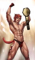 1boy abs animal_ears armpits biceps bulge cocky erection final_fantasy final_fantasy_xiv fingerless_gloves flexing gloves hakase_(ffxiv) looking_at_viewer looking_down looking_down_at_viewer low-angle_view male male_only miqo'te muscular muscular_arms muscular_chest muscular_thighs nipples pecs penis red_hair smile smiling_at_viewer solo solo_male standing tail tattoo topless underwear wrestling_belt yueshengshi