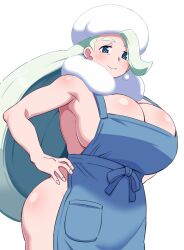 1girls apron apron_only big_breasts blue_apron blue_eyes breasts cleavage ear_piercing earrings female female_only game_freak hair hand_on_hip hat headwear huge_breasts long_hair mantan mature mature_female mature_woman melony_(pokemon) milf mother naked_apron pokemon pokemon_ss simple_background smile solo white_background white_hair