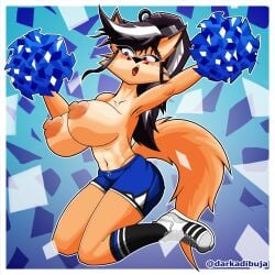 big_breasts blue_eyes cheerleader cheerleader_uniform darkadibuja elizabeth_fox female heterochromia nipples orange_fur red_eyes solo_female topless topless_female