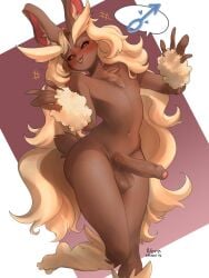 anthro arm_tuft balls bedroom_eyes black_sclera blonde_hair blush brown_body brown_fur ear_tuft erection feet femboy foreskin fur gender_symbol generation_4_pokemon genitals girly hair heart hi_res humanoid_genitalia humanoid_penis inner_ear_fluff lagomorph leg_tuft looking_at_viewer lopunny male male_lopunny male_only male_symbol mammal narrowed_eyes navel nintendo noruru3737 penis pink_eyes pokemon pokemon_(species) presenting presenting_penis seductive simple_background smile solo speech_bubble symbol toes tongue tongue_out tuft wide_hips