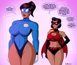 2girls big_breasts blueshift_(polmanning) clothes_swap comic dark-skinned_female hypnosis leotard maledom mother_and_daughter multiple_girls oc polmanning scarlet_smasher superheroine tagme text wide_hips