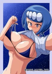 1girls big_breasts bikini bikini_top blue_bikini blue_bikini_top blue_eyes blue_hair blush breasts cleavage dude_named_bob female female_only freckles freckles_on_face game_freak hair huge_breasts lana's_mother_(pokemon) mature mature_female mature_woman milf mother pokemon pokemon_sm shirt shirt_lift shirt_up short_hair solo solo_female topwear white_shirt