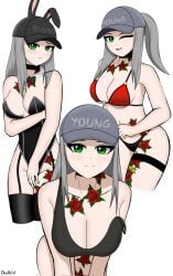 1girls 2d bikini blush bra breasts bunnysuit cap chigusa_(fortnite) choker daikiri_di_mon different_poses embarrassed fortnite fortnite:_battle_royale green_eyes grey_hair looking_at_viewer pierced_belly_button rose_tattoo tattoos