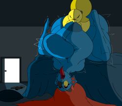 2d artist_request bulge emoji_(race) emoji_boi huge_ass huge_cock hyper hyper_penis male/female oc pillow room size_difference small_dom_big_sub sucking_nipples undertale undertale_(series) undyne