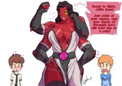 1boy 2girls 4_arms 4_eyes abs alien_girl ben_10 ben_tennyson chaquetrix english_text female female_focus fourarms gwen_tennyson large_breasts male multi_arm multi_eye multi_limb multiple_girls muscular_female red_skin solo_focus tetramand text white_dress wink