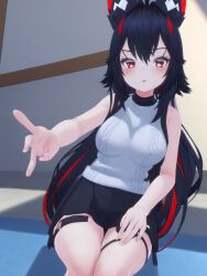 1girls ai_generated black_hair female female_only halo ia miguvt red_eyes sideboob sleeveless solo standing streamer virtual_youtuber vtuber