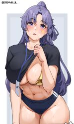 1girls 2023 abs artist_name big_breasts blue_archive blue_eyes bra breasts cromwellb curvaceous curvy female female_focus hi_res high_resolution highres hips large_breasts long_hair millennium_science_school_logo_(blue_archive) millennium_science_school_student muscular muscular_female purple_hair seminar_(blue_archive) solo solo_female solo_focus sweat sweating thighs voluptuous wide_hips yuuka_(blue_archive) yuuka_(gym_uniform)_(blue_archive)