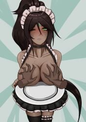 1girls big_breasts black_hair black_hair_female breast_focus breast_fondle breast_fondling breast_grab breast_squeeze breasts breasts_out breasts_out_of_clothes dfg double_breast_grab forehead_gem forehead_jewel french_maid french_maid_nidalee gem_on_forehead green_eyes green_eyes_female jewel_on_forehead large_breasts league_of_legends long_hair long_hair_female maid maid_dress maid_headdress maid_outfit maid_stockings maid_uniform nidalee plate ponytail ponytail_female presenting presenting_breasts riot_games simple_background stockings sweat sweatdrop sweating tears tears_of_pain the_grind_series tribal_markings tribal_tattoo tribal_tattoos