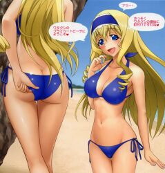 1girls adjusting_clothes adjusting_swimsuit aoten ass backboob big_ass big_breasts bikini blonde_hair blue_bikini blue_eyes bow breasts busty cecilia_alcott cleavage drill_hair fat_ass from_behind hairbow highres infinite_stratos japanese_text large_breasts legs long_hair looking_at_viewer navel open_mouth sensual smile solo swimsuit thighs traditional_media translation_request voluptuous